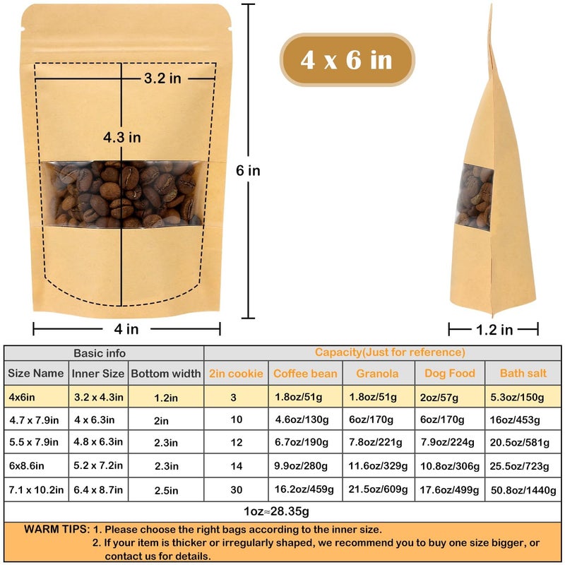 Blisstime 50 Pack Kraft Paper Stand Up Pouch Bags, Resealable Bag with Transparent Window and Tear Notch for Multipurpose Storage (4 X 6 Inches) - Image 2